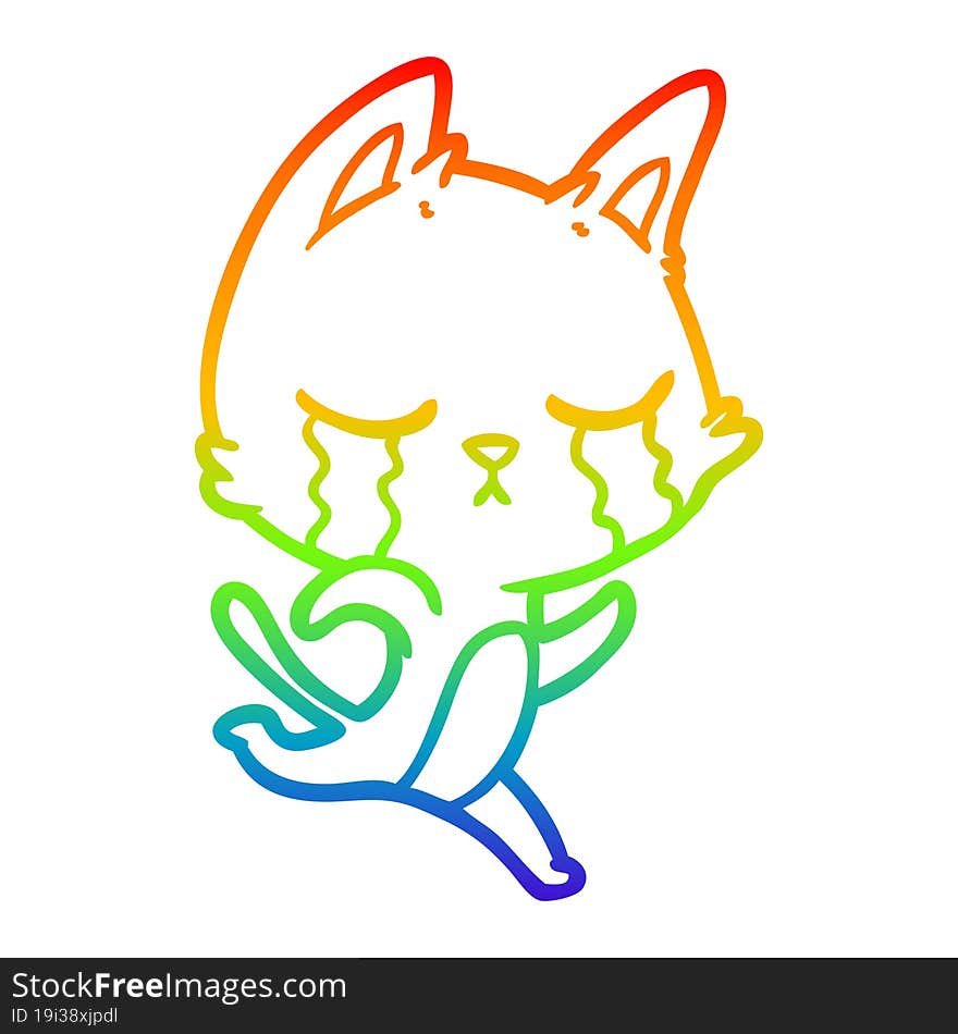 rainbow gradient line drawing of a crying cartoon cat