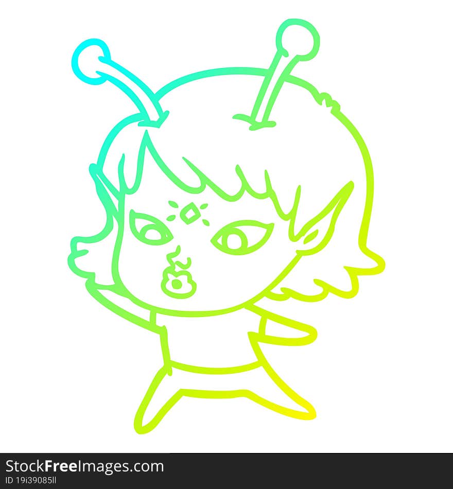 Cold Gradient Line Drawing Pretty Cartoon Alien Girl