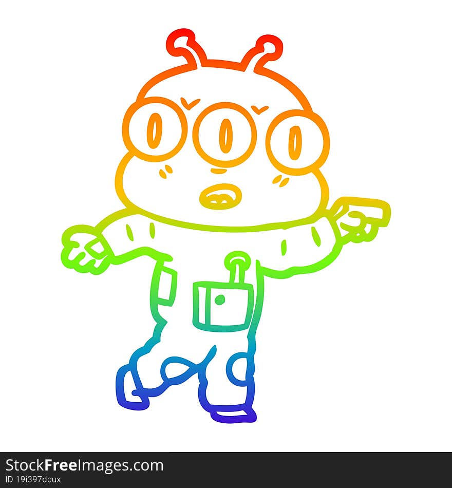 rainbow gradient line drawing cartoon three eyed alien pointing