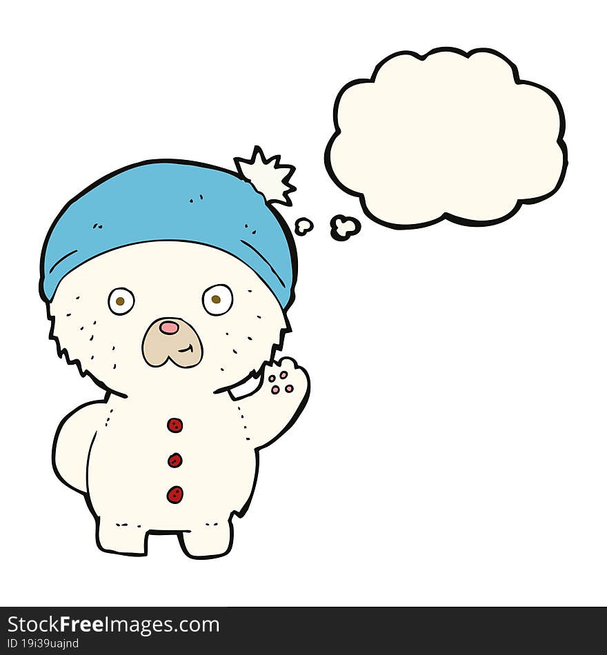 cartoon waving polar teddy bear in winter hat with thought bubble