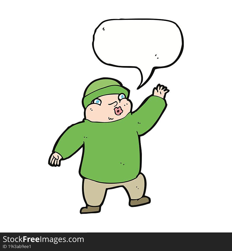 Cartoon Man In Hat Waving With Speech Bubble