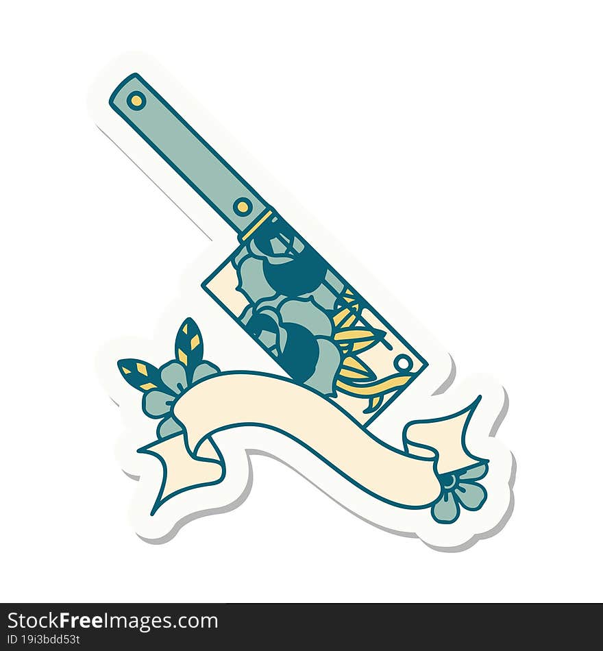 tattoo sticker with banner of a cleaver and flowers