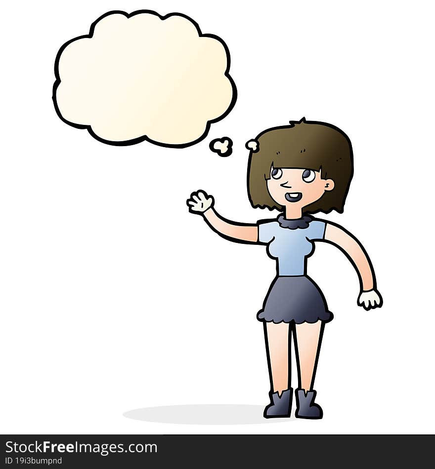 Cartoon Girl Waving With Thought Bubble