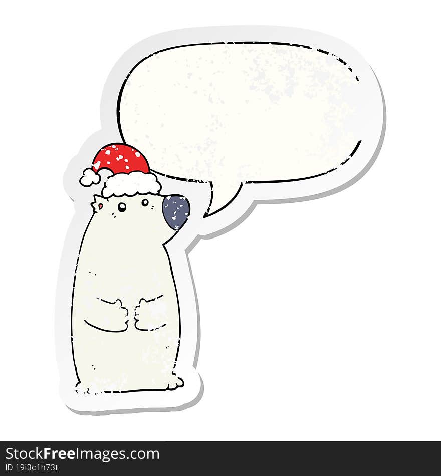 cartoon bear wearing christmas hat and speech bubble distressed sticker