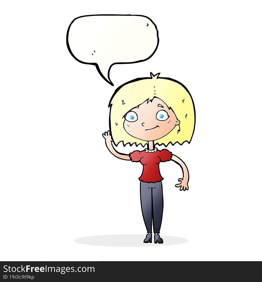 cartoon woman waving with speech bubble