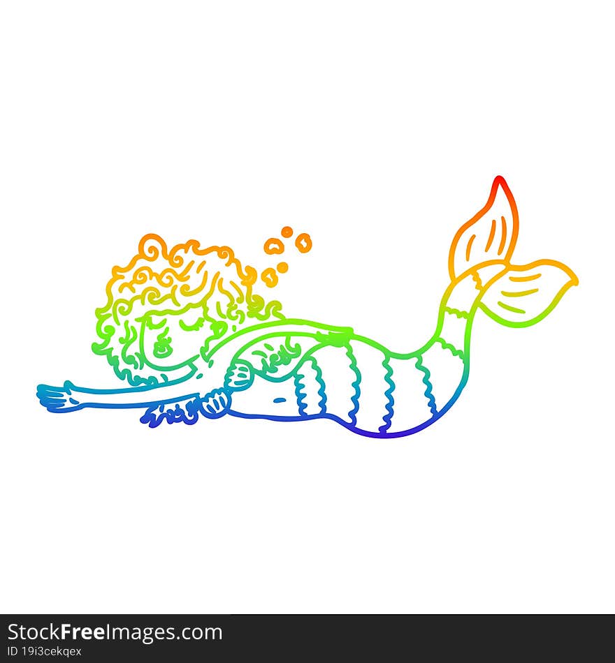 rainbow gradient line drawing of a cartoon mermaid