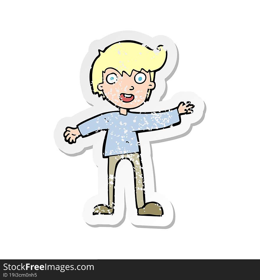 retro distressed sticker of a cartoon excited boy