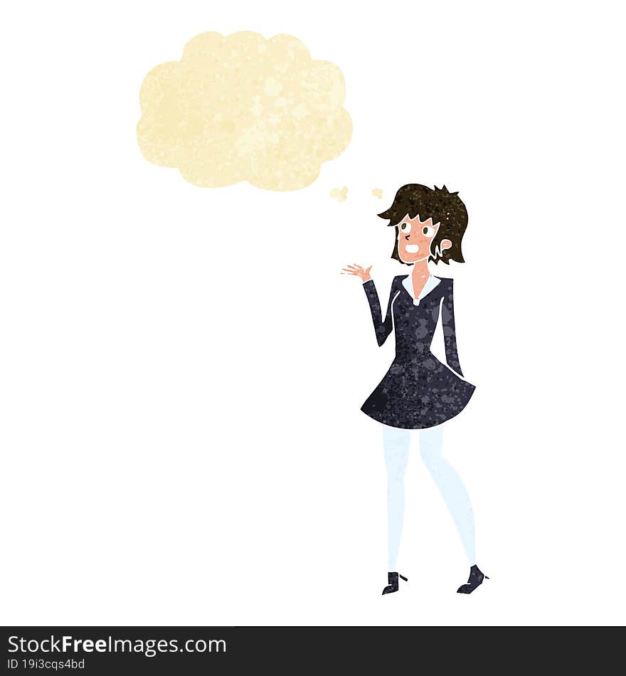 cartoon pretty woman in dress with thought bubble