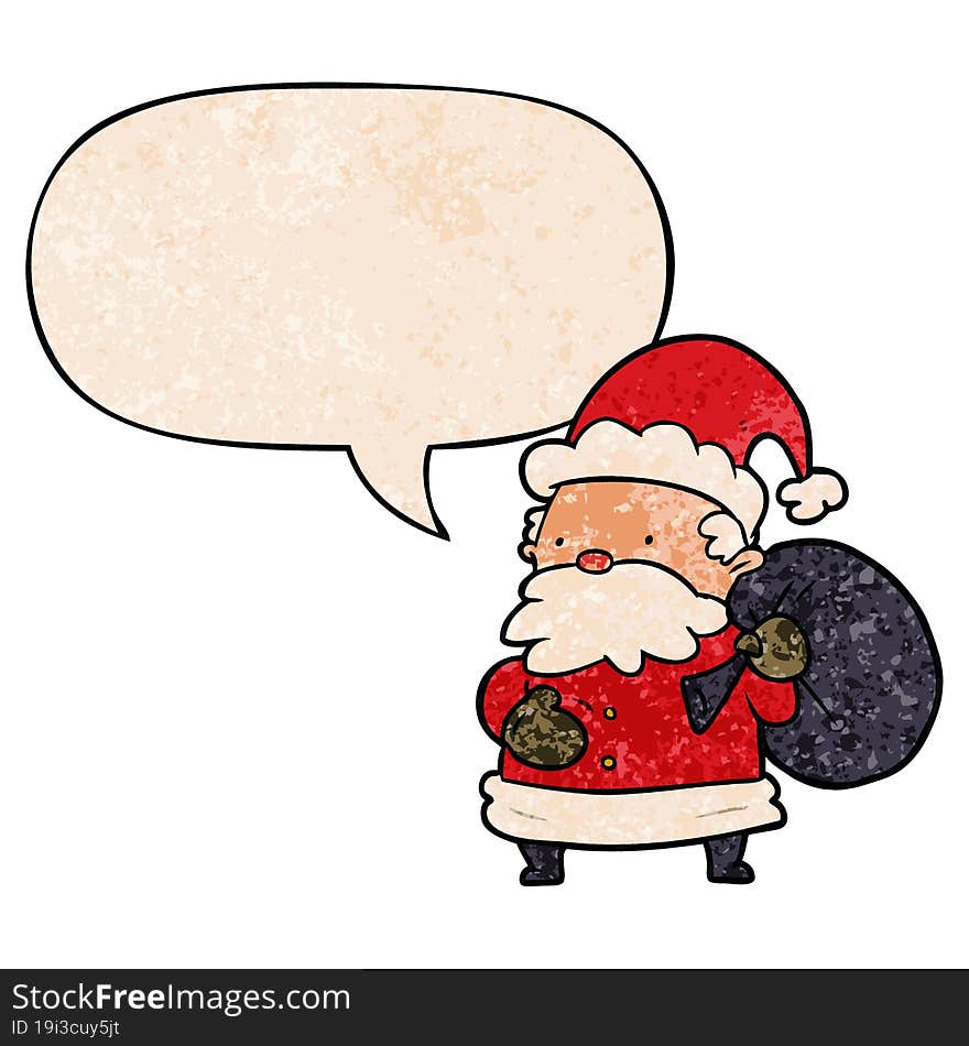 cartoon santa claus with speech bubble in retro texture style