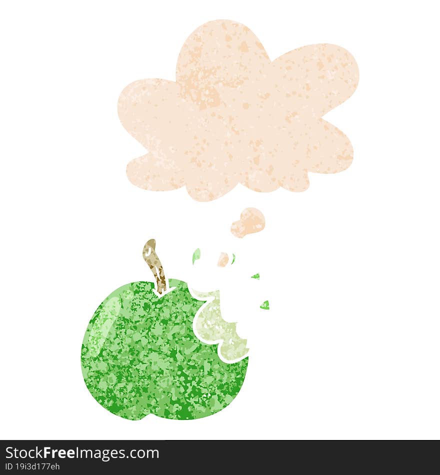 Cartoon Bitten Apple And Thought Bubble In Retro Textured Style