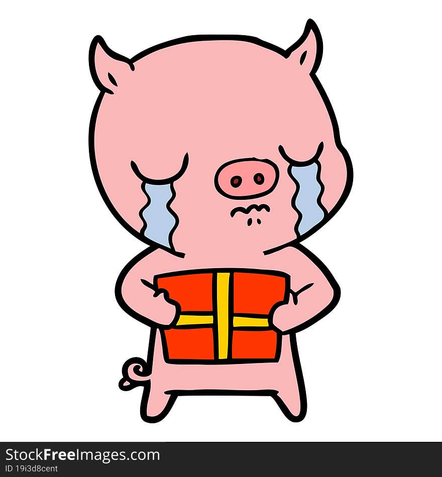 cartoon pig crying over christmas present. cartoon pig crying over christmas present