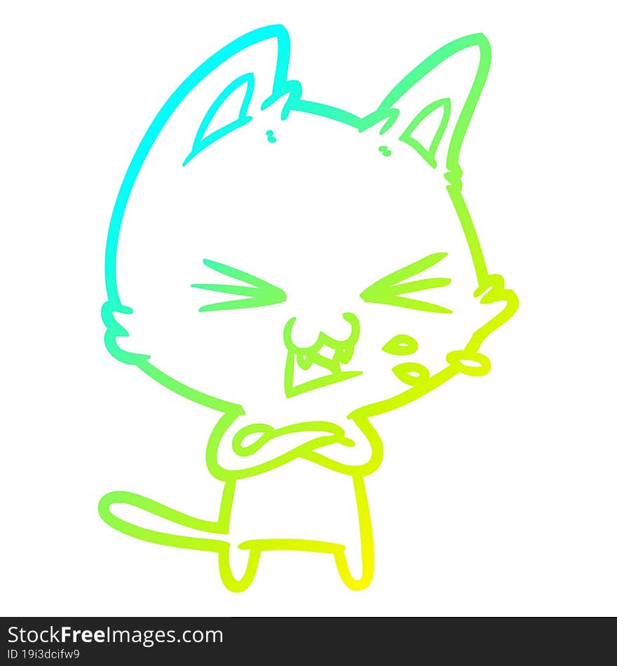 cold gradient line drawing of a cartoon cat hissing