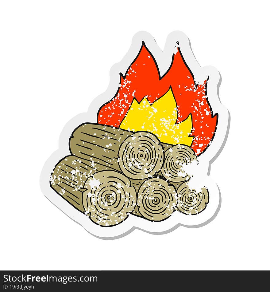 retro distressed sticker of a cartoon burning logs