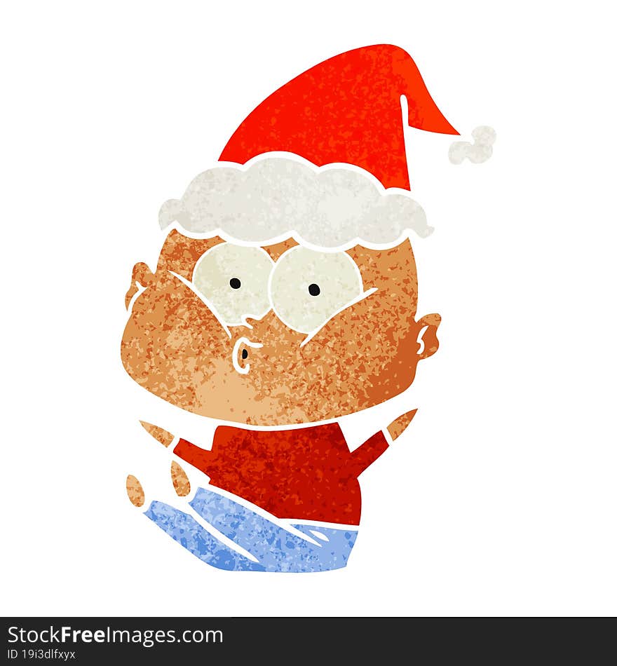 retro cartoon of a bald man staring wearing santa hat