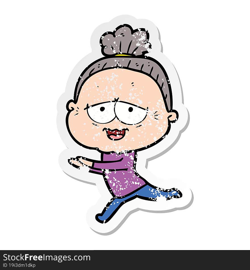 Distressed Sticker Of A Cartoon Happy Old Lady