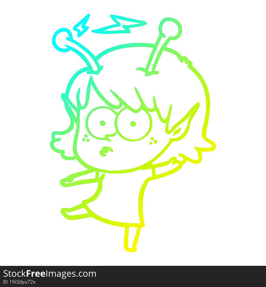 cold gradient line drawing of a cartoon alien girl