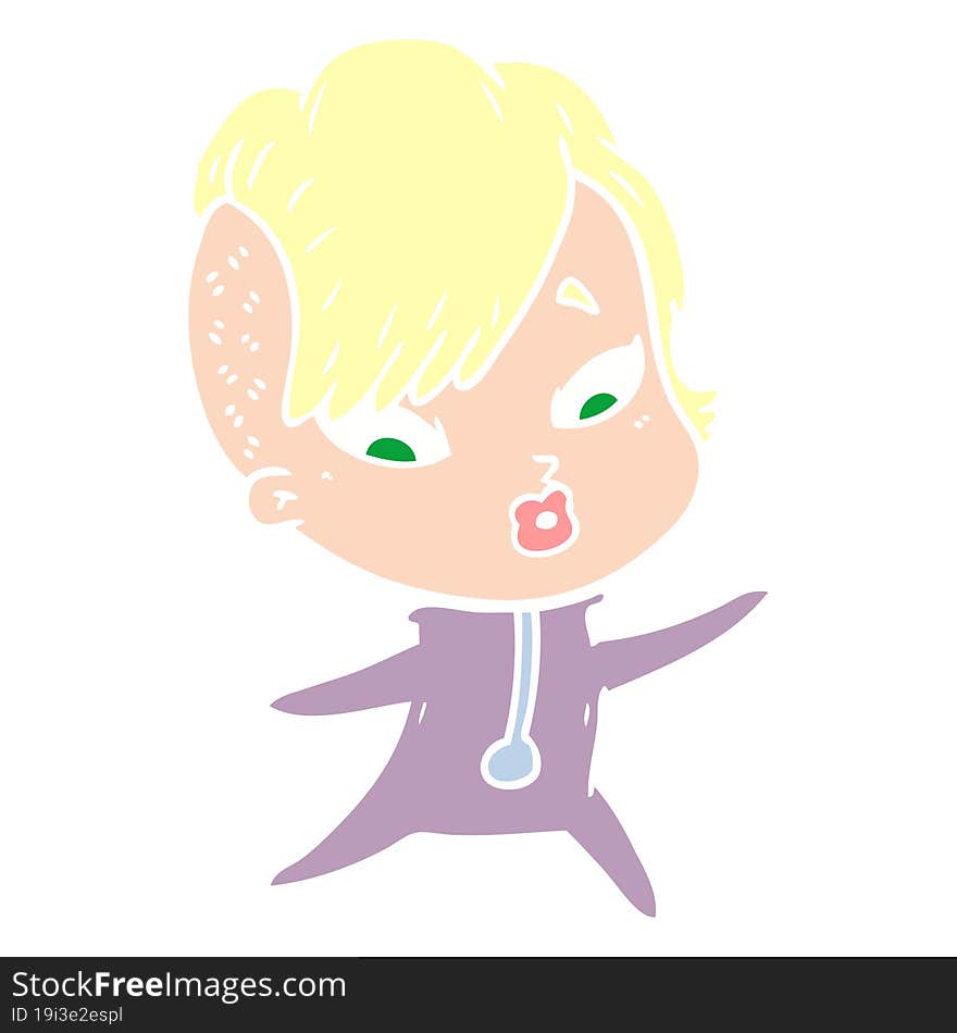 flat color style cartoon surprised girl in science fiction clothes