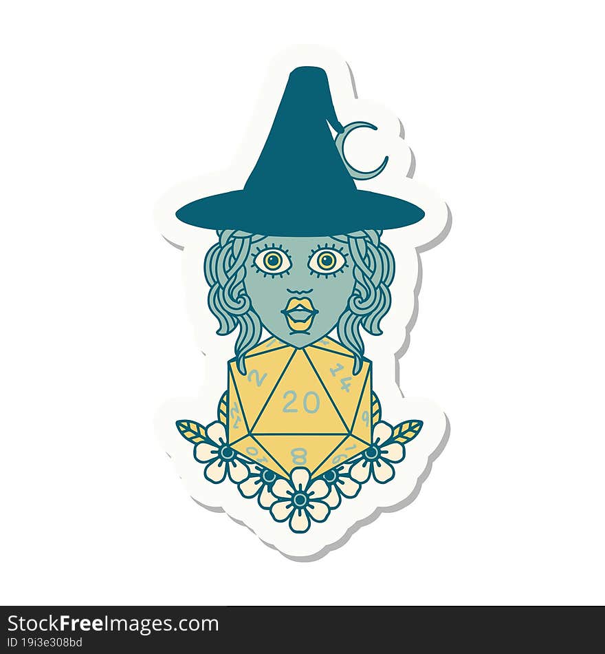 Human Witch With Natural Twenty Dice Roll Sticker