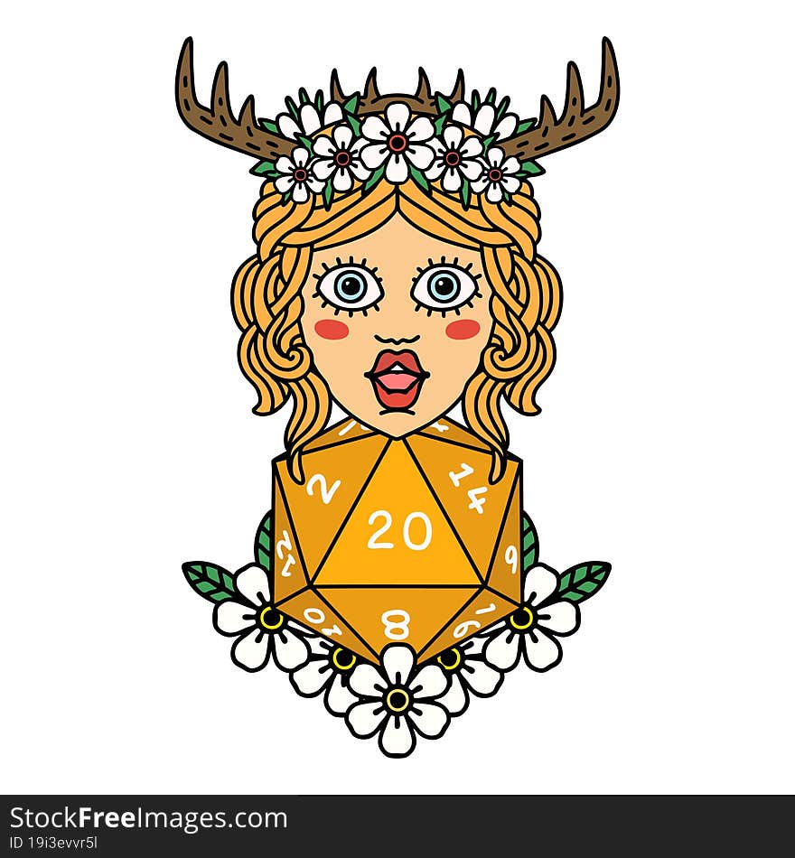 Retro Tattoo Style human druid with natural twenty dice roll. Retro Tattoo Style human druid with natural twenty dice roll