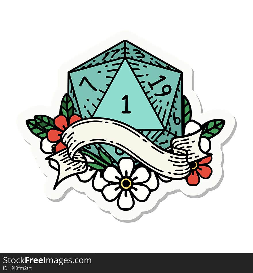 sticker of a natural one d20 dice roll. sticker of a natural one d20 dice roll