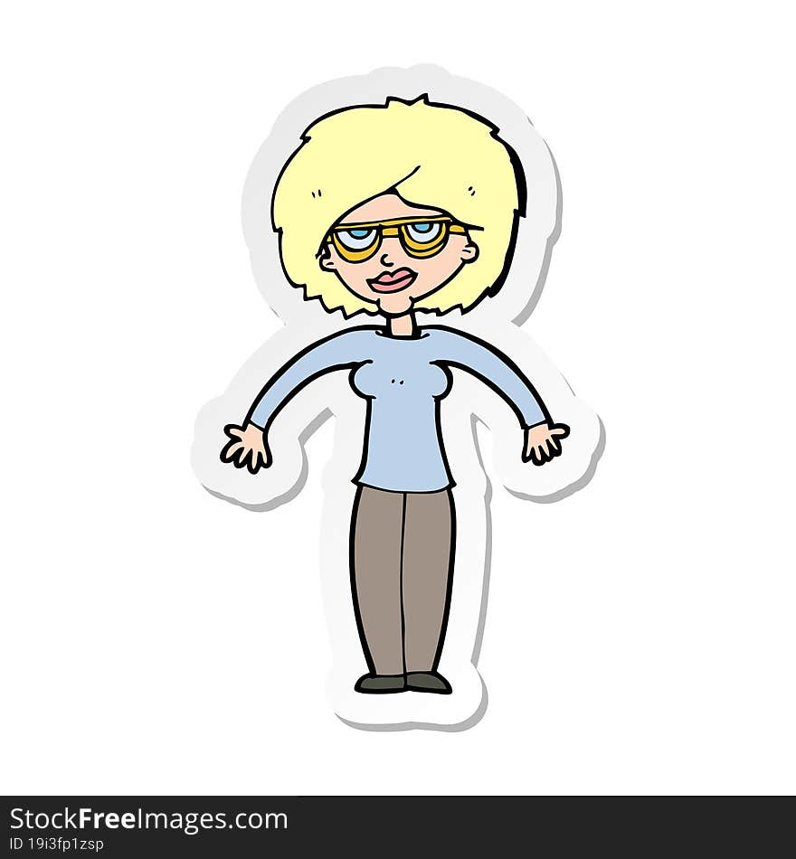 sticker of a cartoon woman shrugging shoulders