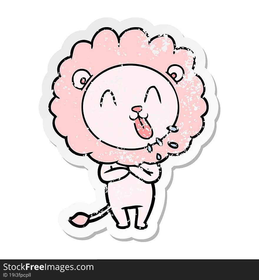 distressed sticker of a happy cartoon lion