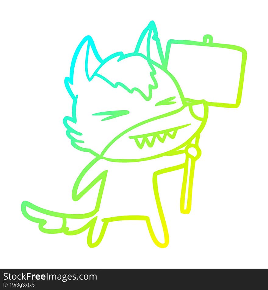 cold gradient line drawing of a angry wolf cartoon with placard