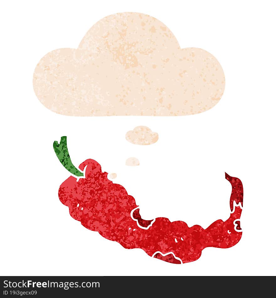 cartoon chili pepper and thought bubble in retro textured style