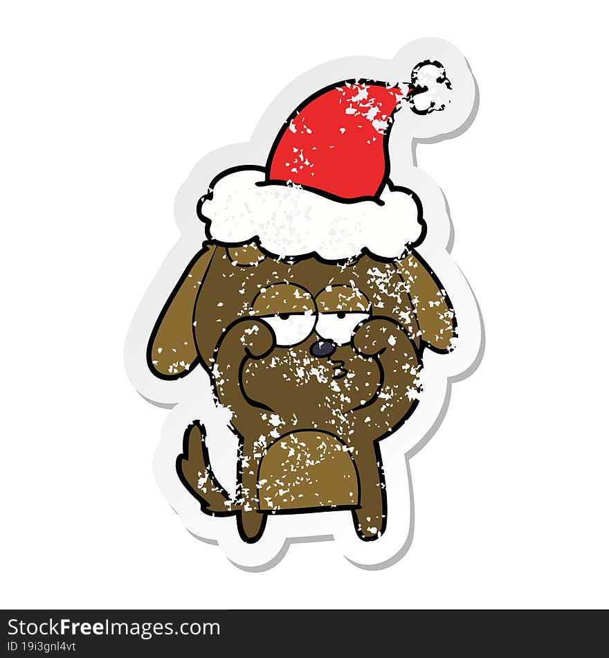 distressed sticker cartoon of a tired dog wearing santa hat