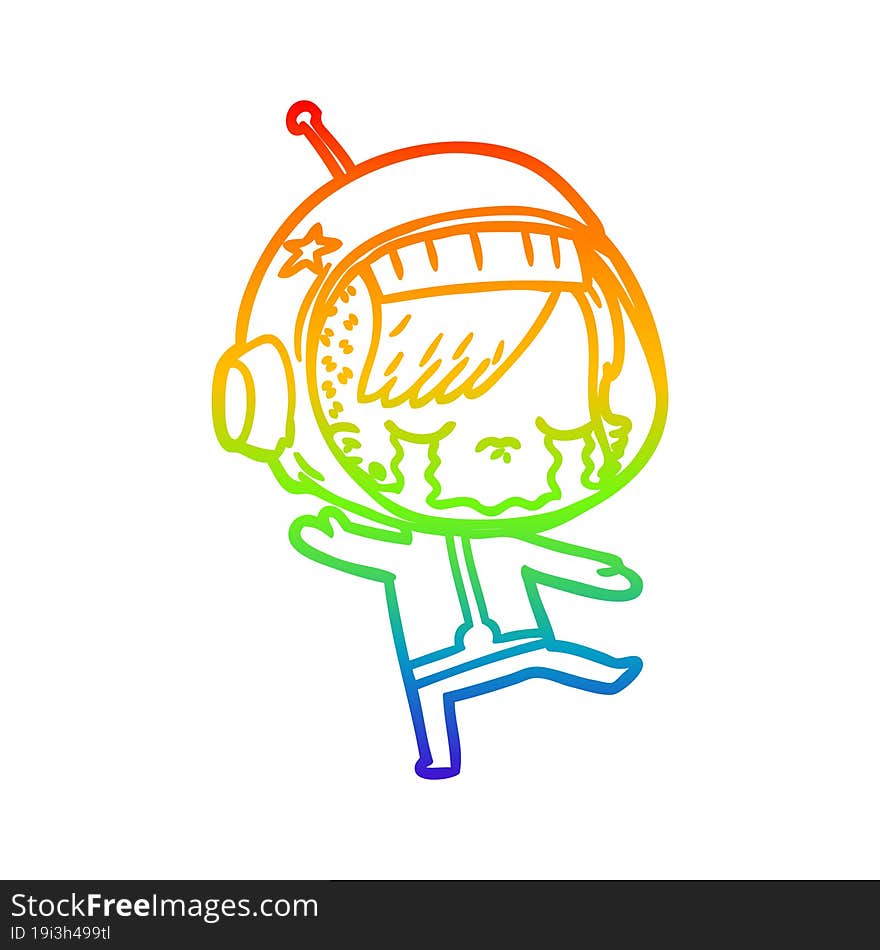 rainbow gradient line drawing cartoon crying astronaut girl