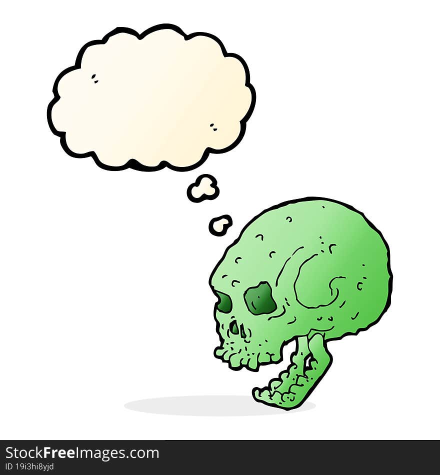 cartoon spooky skull with thought bubble