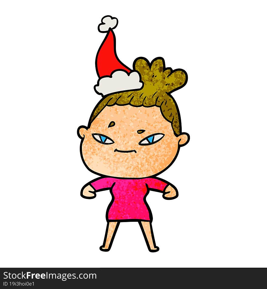 hand drawn textured cartoon of a woman wearing santa hat