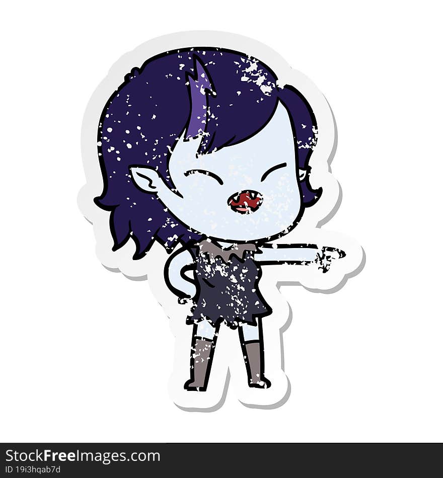 distressed sticker of a cartoon vampire girl pointing and laughing