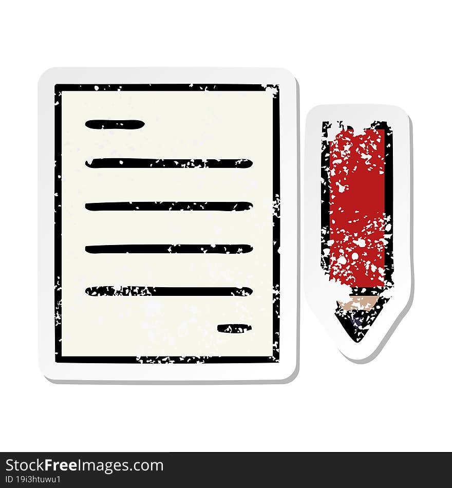 distressed sticker of a cute cartoon pencil and paper