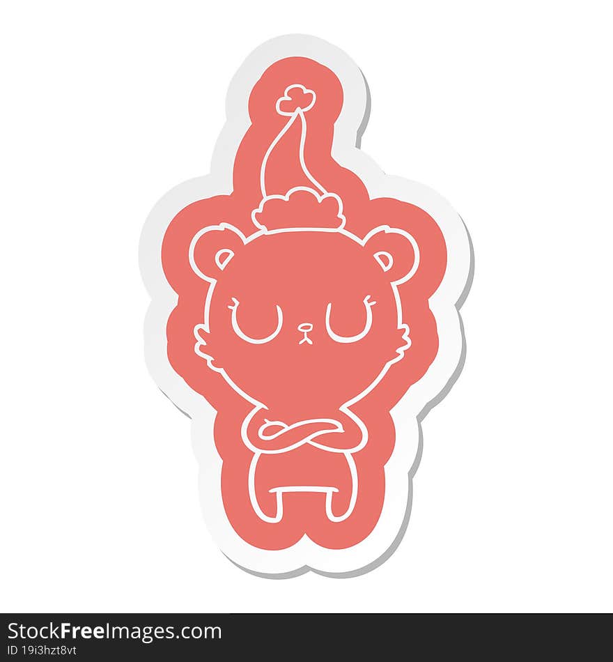 peaceful cartoon  sticker of a polar bear wearing santa hat