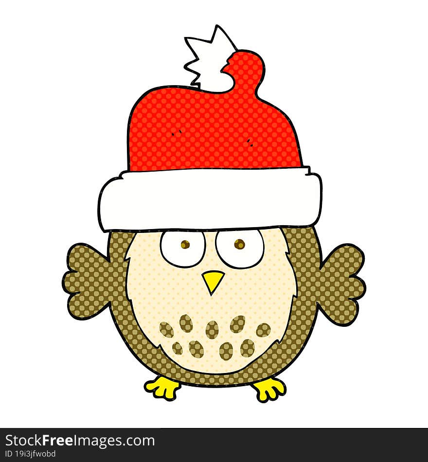 freehand drawn cartoon owl wearing christmas hat