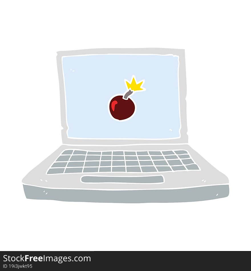 flat color illustration of a cartoon laptop computer with bomb symbol