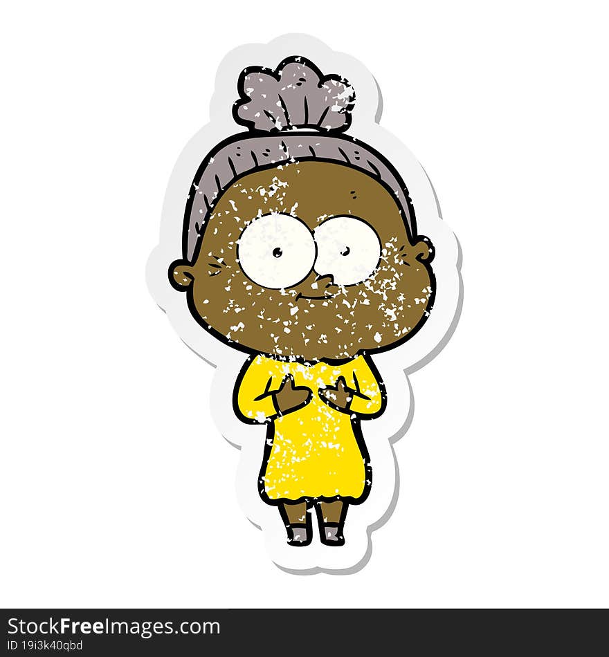 distressed sticker of a cartoon happy old woman