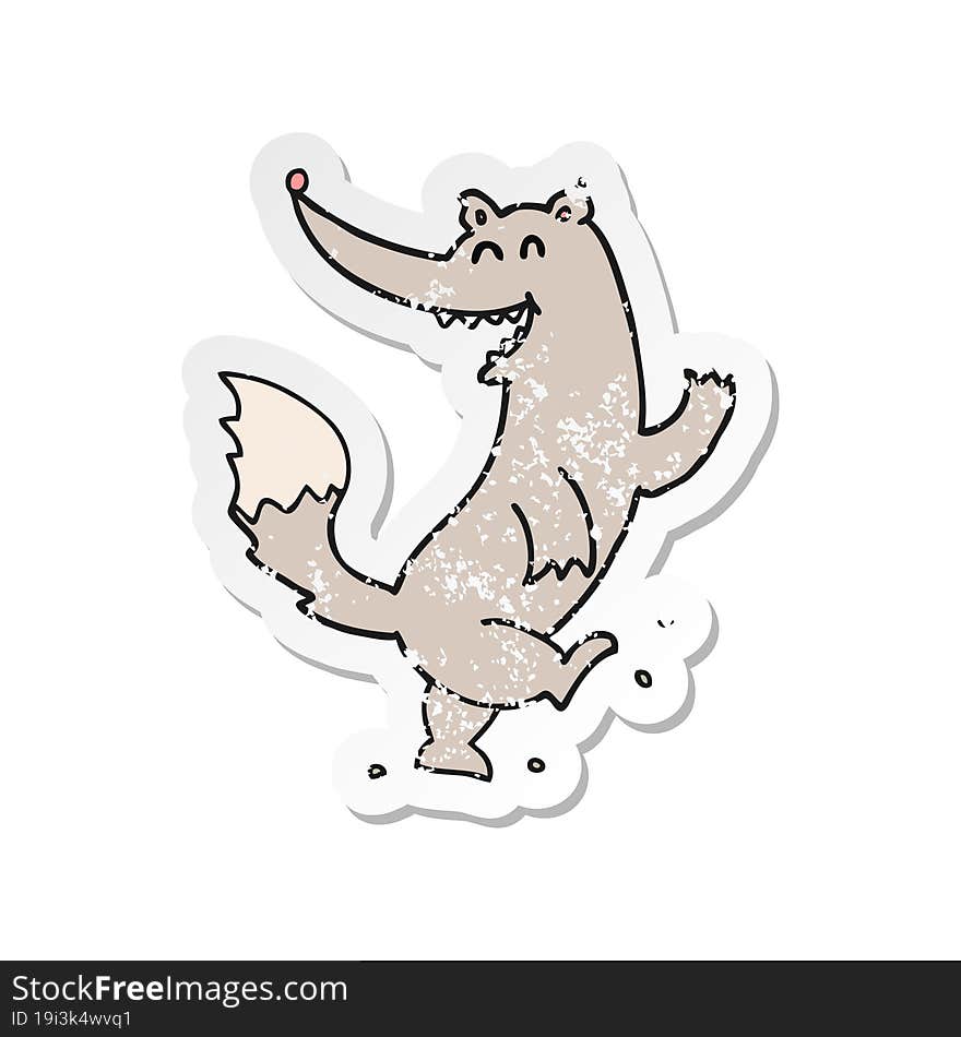 Retro Distressed Sticker Of A Cartoon Happy Wolf Dancing