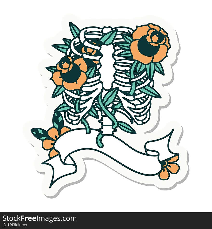 tattoo style sticker with banner of a rib cage and flowers