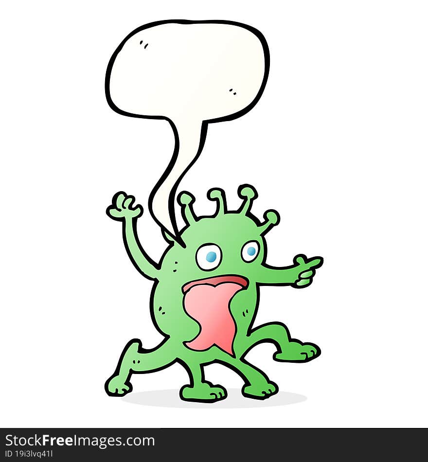 cartoon weird little alien with speech bubble