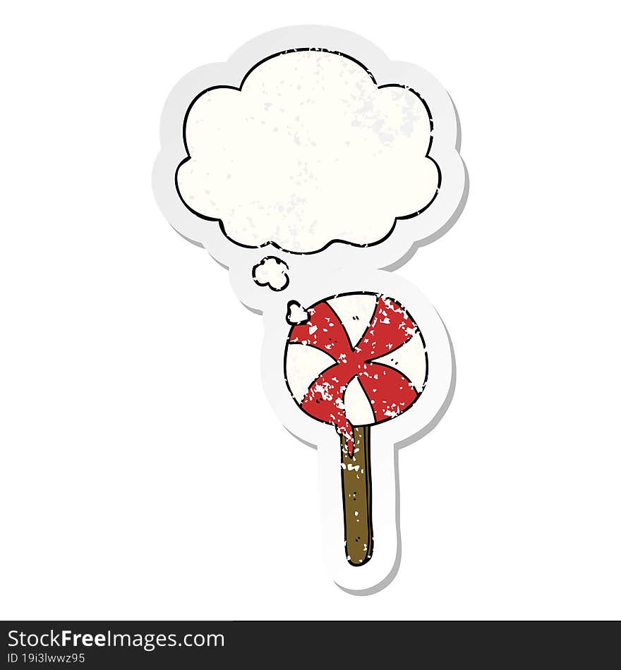 Cartoon Lollipop And Thought Bubble As A Distressed Worn Sticker