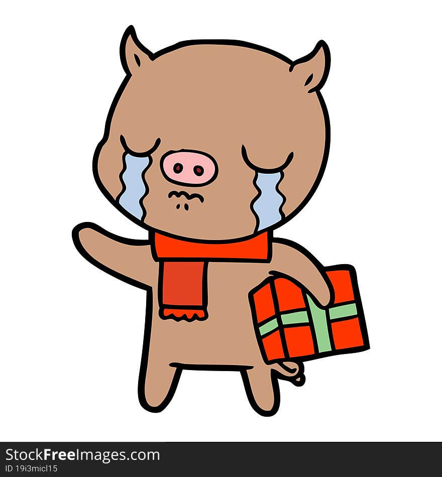 cartoon pig crying over christmas present. cartoon pig crying over christmas present