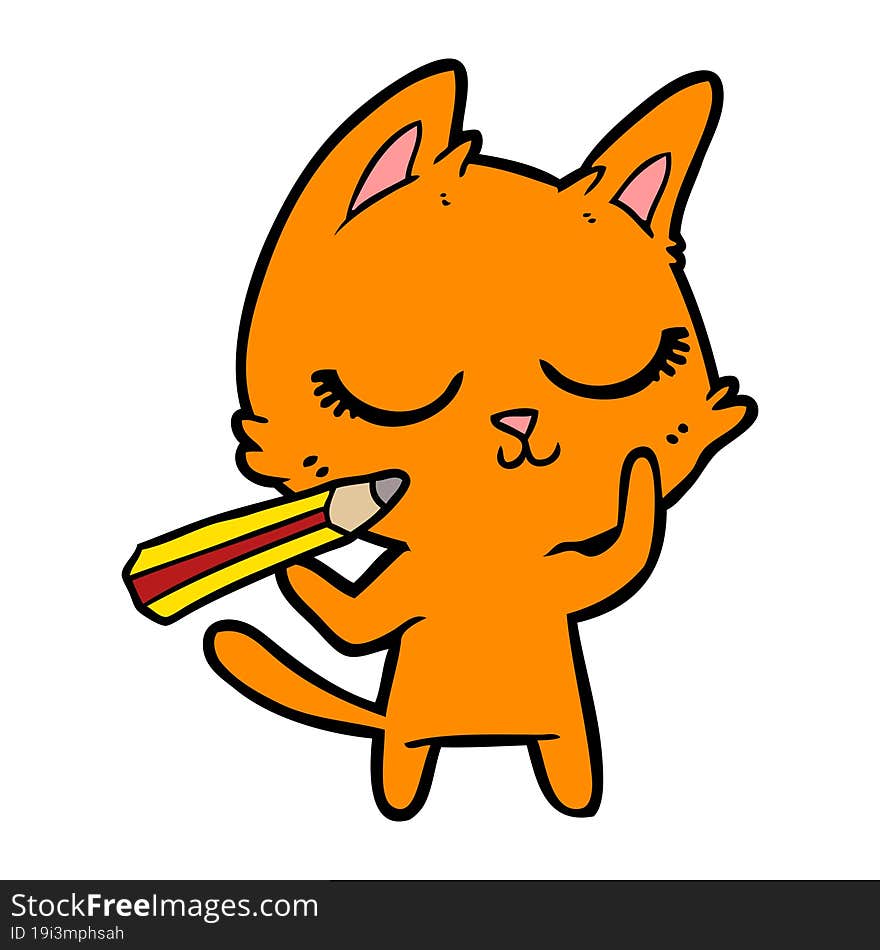 calm cartoon cat with pencil. calm cartoon cat with pencil