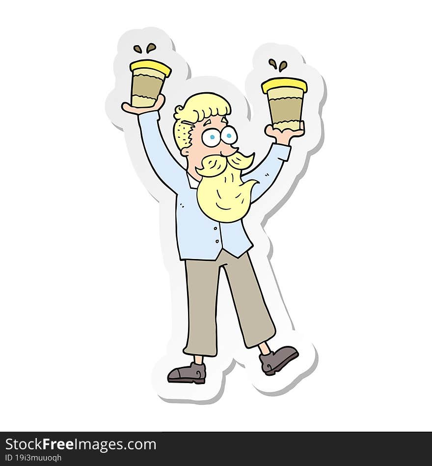 sticker of a cartoon man with coffee cups