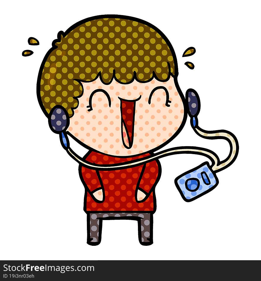 laughing cartoon man with earphones. laughing cartoon man with earphones