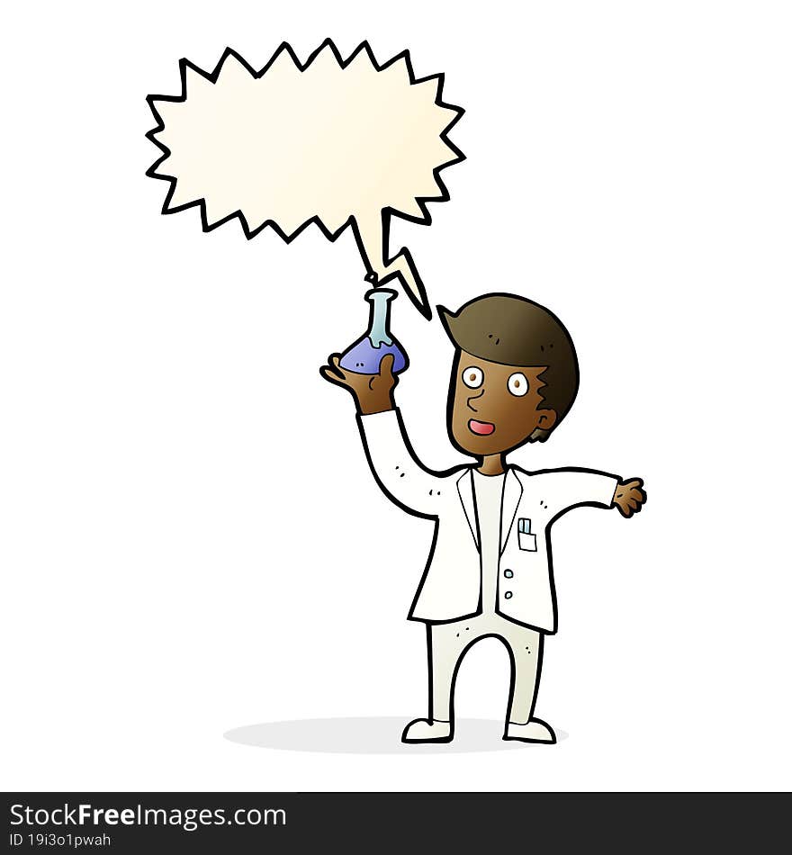 cartoon happy scientist with speech bubble