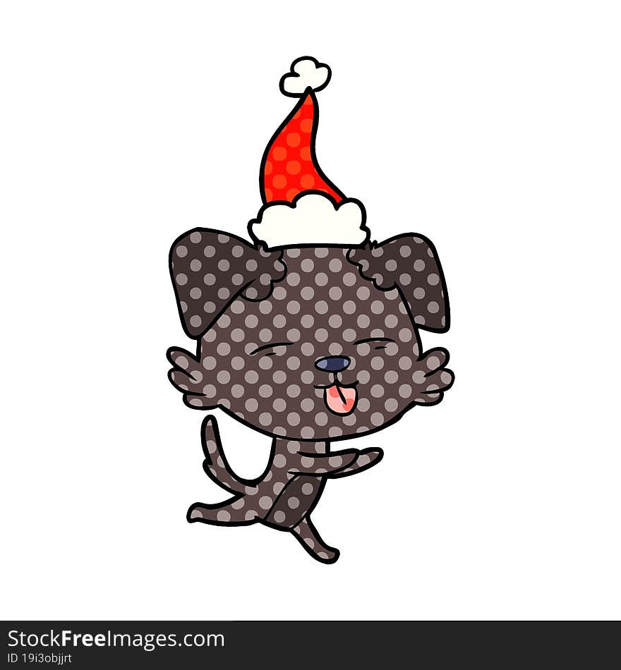 comic book style illustration of a dog sticking out tongue wearing santa hat