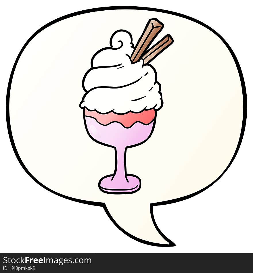 cartoon ice cream dessert and speech bubble in smooth gradient style