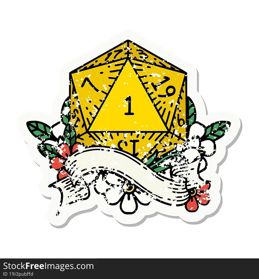 Natural One D20 Dice Roll Grunge Sticker